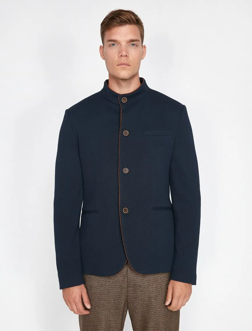 17517 Navy Button Detailed High Collar Jacket
