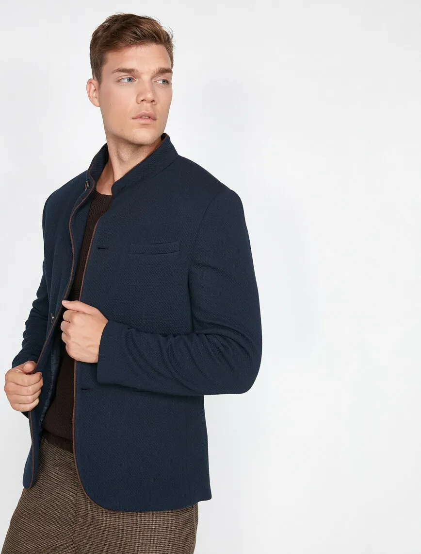 17517 Navy Button Detailed High Collar Jacket