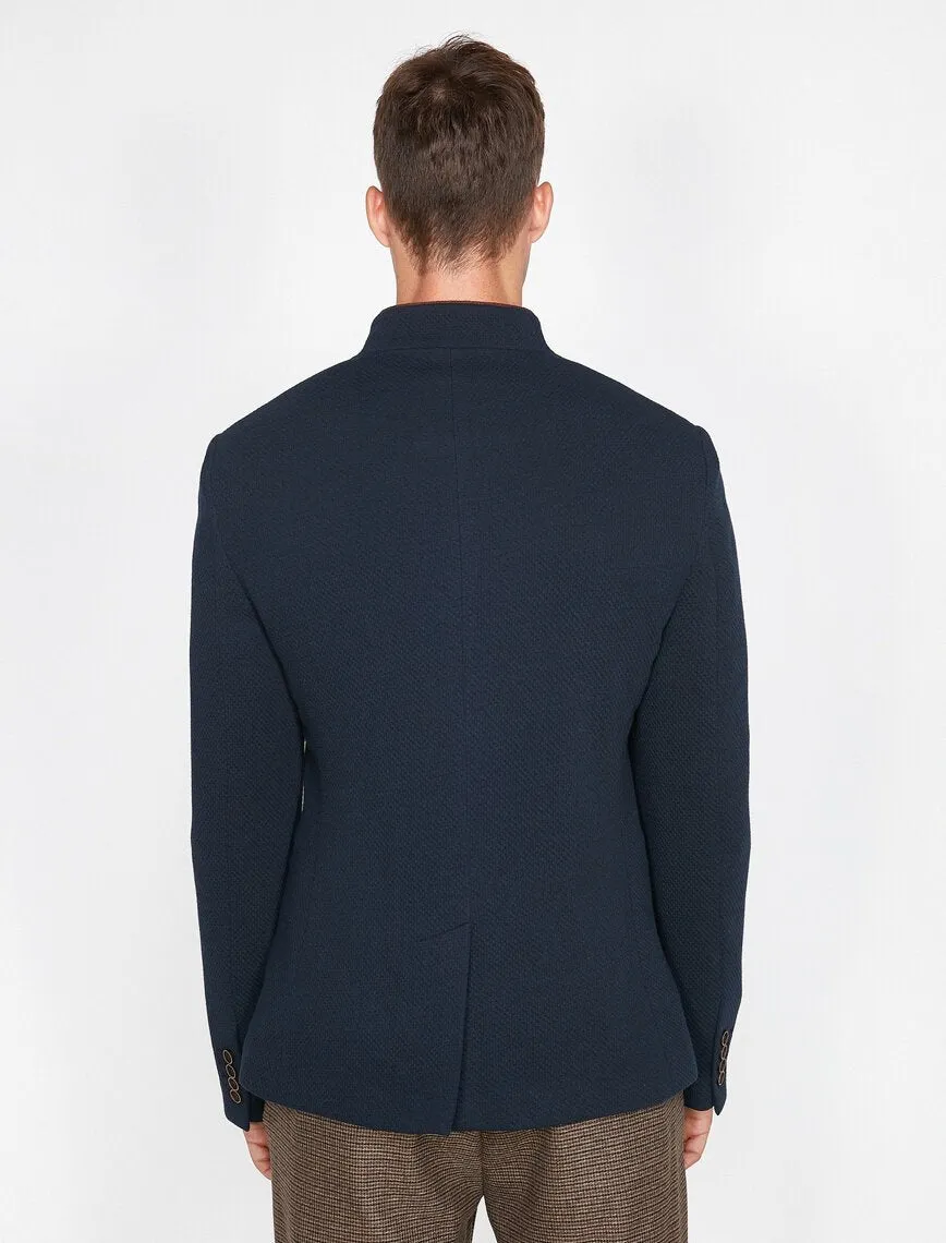 17517 Navy Button Detailed High Collar Jacket