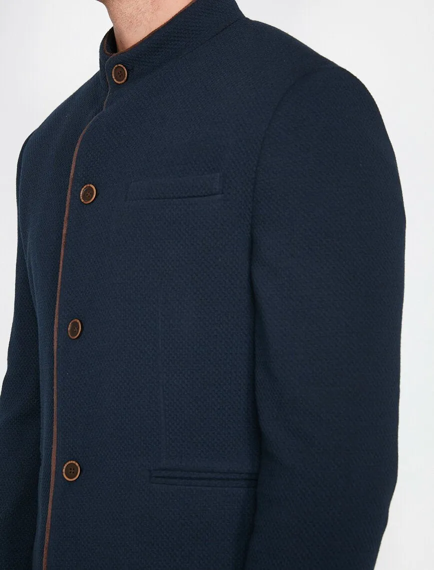 17517 Navy Button Detailed High Collar Jacket