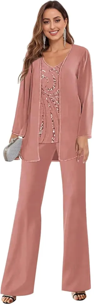 3 Pieces Mother of The Bride Pantsuits with Jacket Long Sleeves Formal Evening Pants Outfit