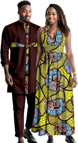 Africa Couples Men's Short Sleeve Top Pants Women's Patchwork Dress Ankara Fabric Chest Split Neckline