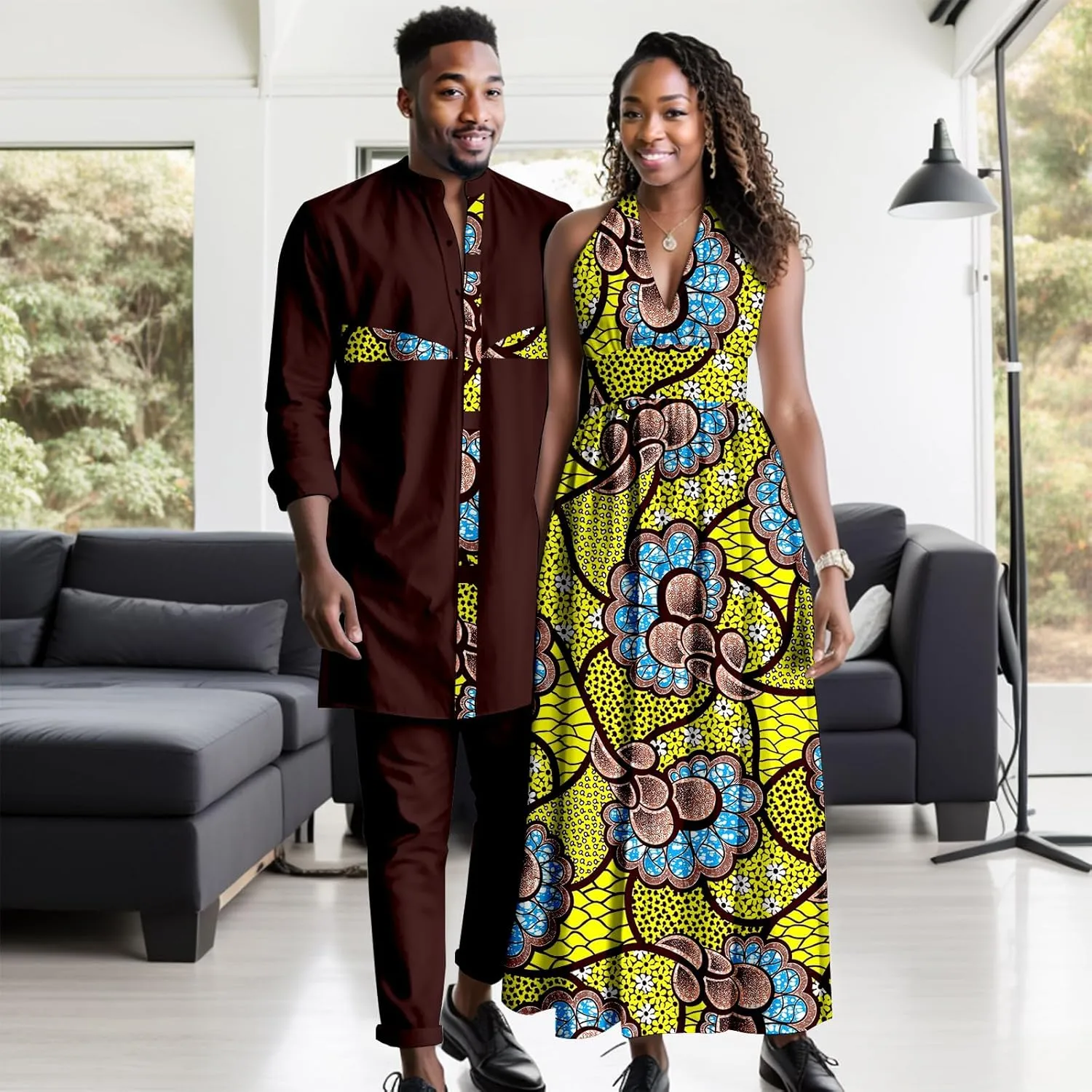 Africa Couples Men's Short Sleeve Top Pants Women's Patchwork Dress Ankara Fabric Chest Split Neckline