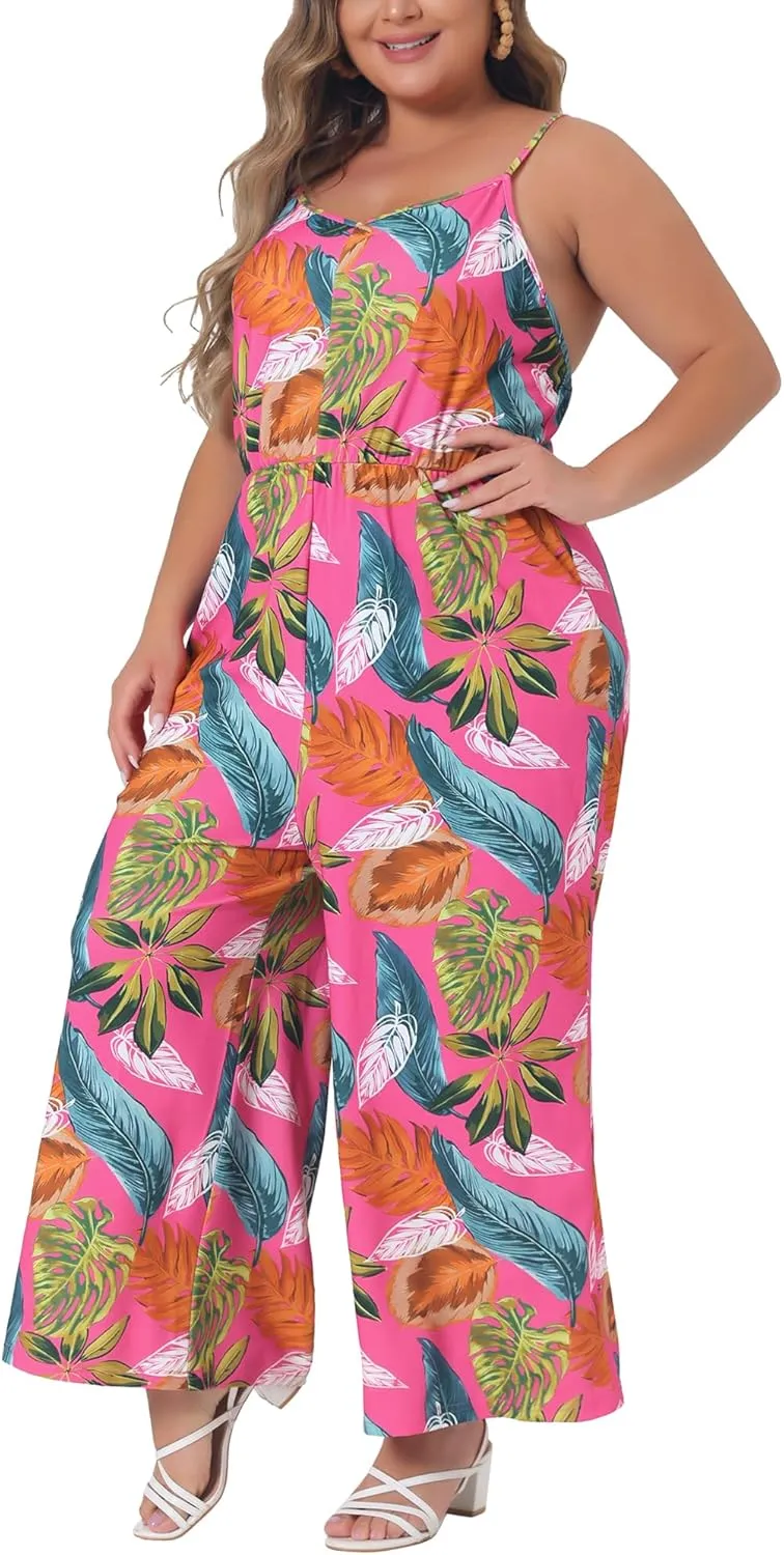 Agnes Orinda Plus Size Jumpsuits for Women Sleeveless Adjustable Spaghetti Strap Stretchy Long Pant Romper Jumpsuit