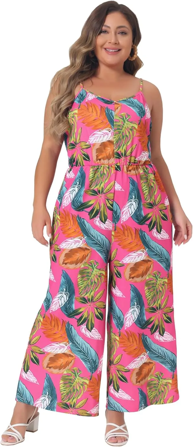 Agnes Orinda Plus Size Jumpsuits for Women Sleeveless Adjustable Spaghetti Strap Stretchy Long Pant Romper Jumpsuit