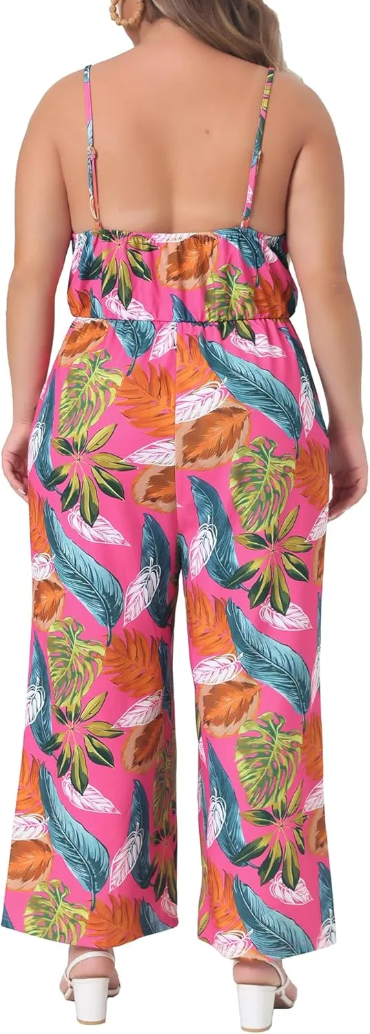 Agnes Orinda Plus Size Jumpsuits for Women Sleeveless Adjustable Spaghetti Strap Stretchy Long Pant Romper Jumpsuit