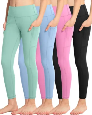 ATHVOTAR Girls Leggings with Pockets: High Waisted Yoga Workout Athletic Dance Running Pants 4 Packs