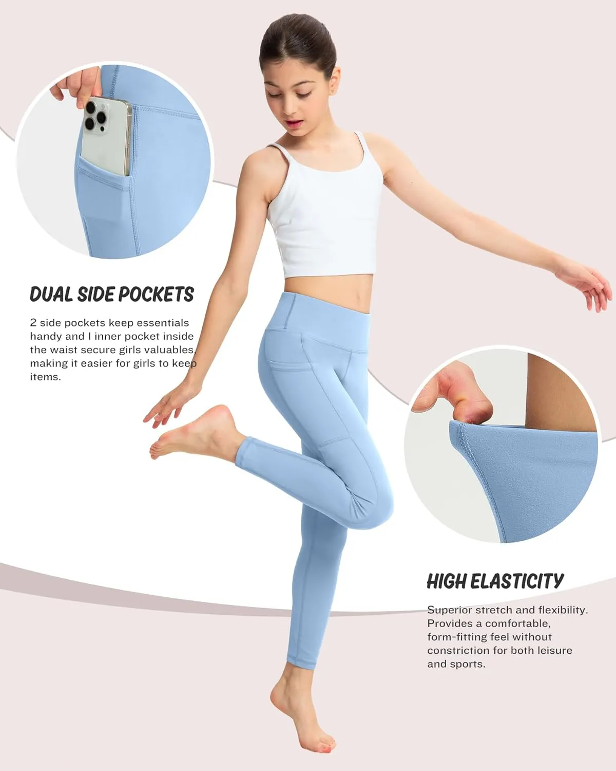 ATHVOTAR Girls Leggings with Pockets: High Waisted Yoga Workout Athletic Dance Running Pants 4 Packs