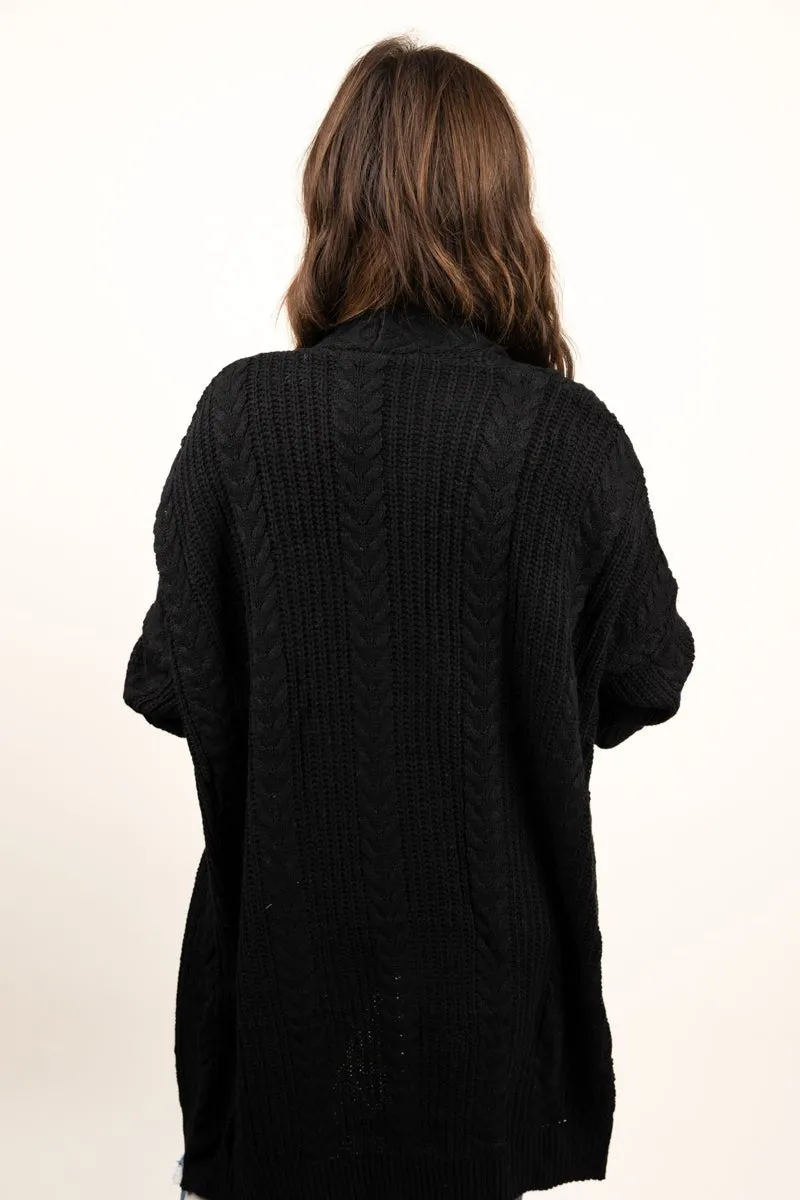 Be Clever Alaskan Way Cable Knit Pocket Cardigan, Black