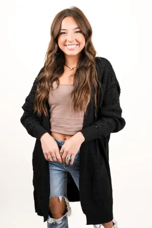 Be Clever Alaskan Way Cable Knit Pocket Cardigan, Black