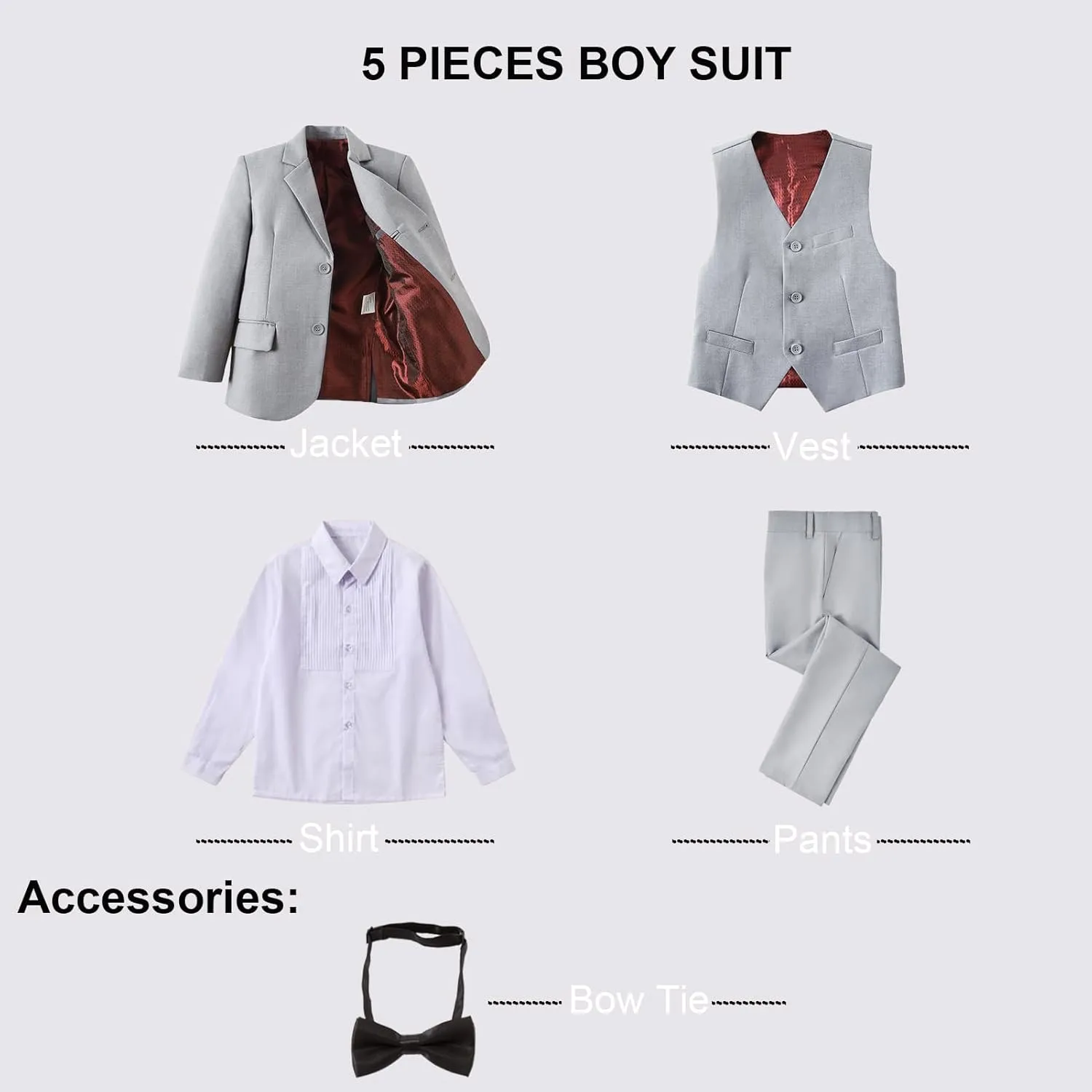 Boy Suits 5 Pieces Formal Suit Set with Adjustable Waist Kids Dress Suit for Wedding Prom