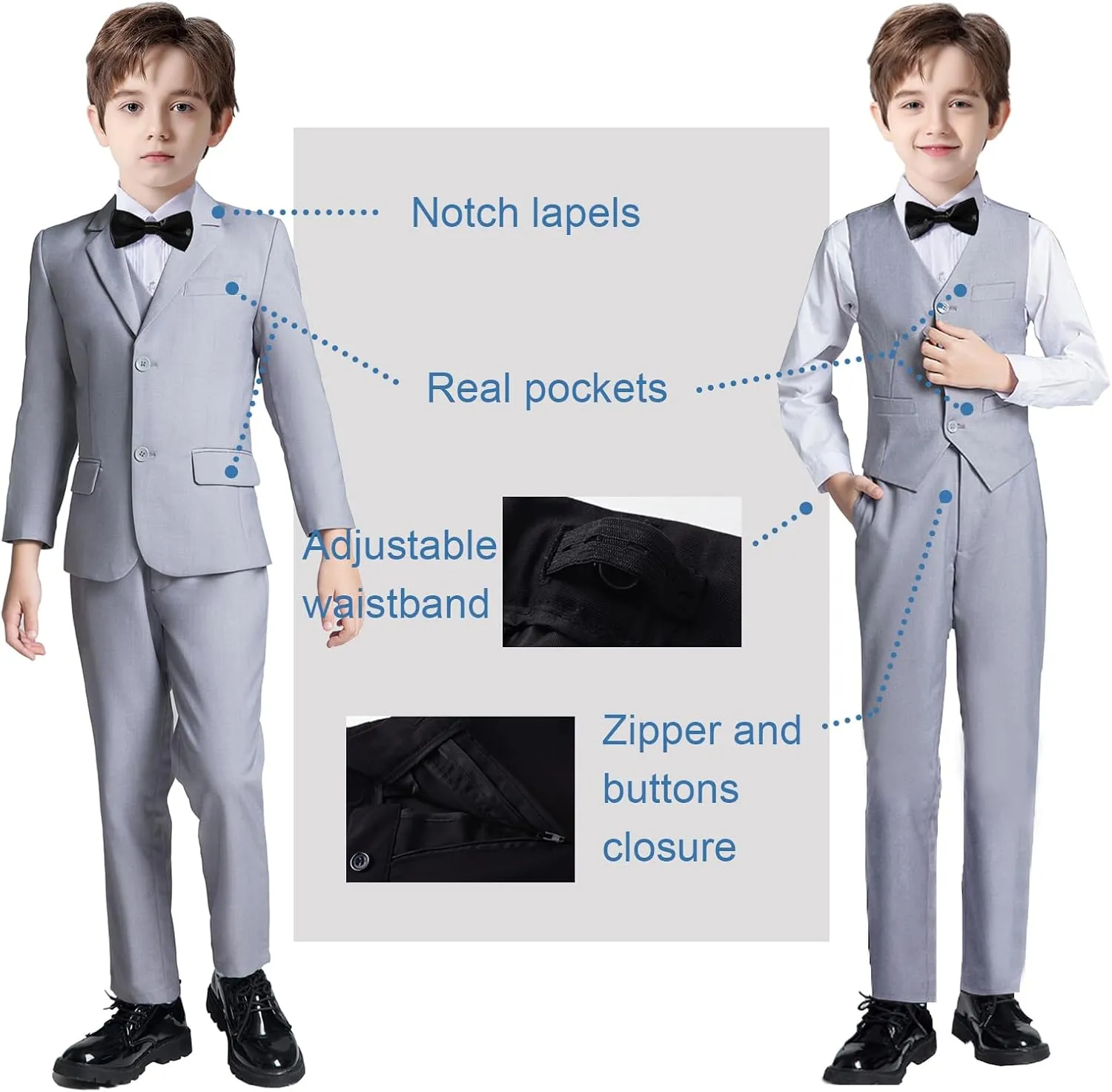 Boy Suits 5 Pieces Formal Suit Set with Adjustable Waist Kids Dress Suit for Wedding Prom