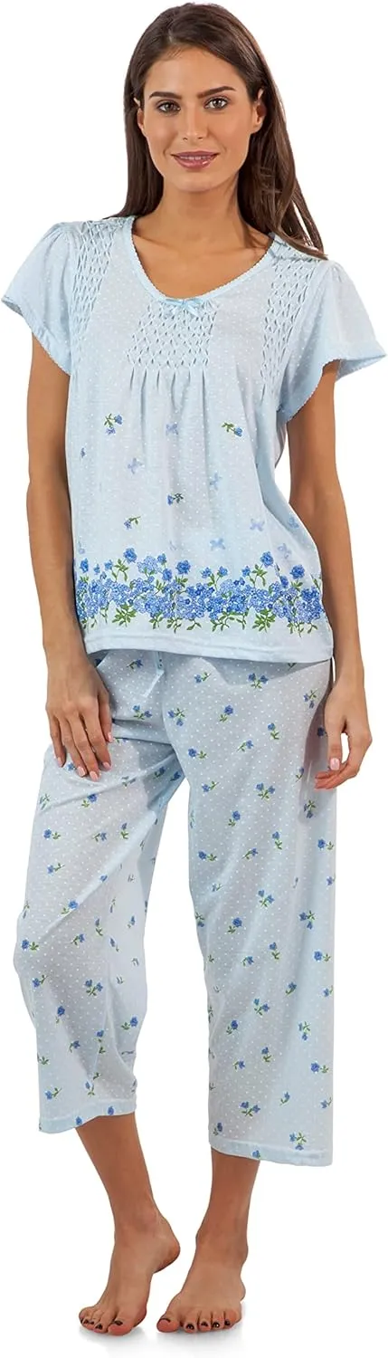 Casual Nights Women's Short Sleeve Top with Capri Pants Pjs Floral Border Capri Pajama Set