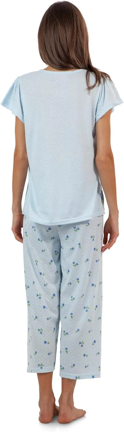 Casual Nights Women's Short Sleeve Top with Capri Pants Pjs Floral Border Capri Pajama Set