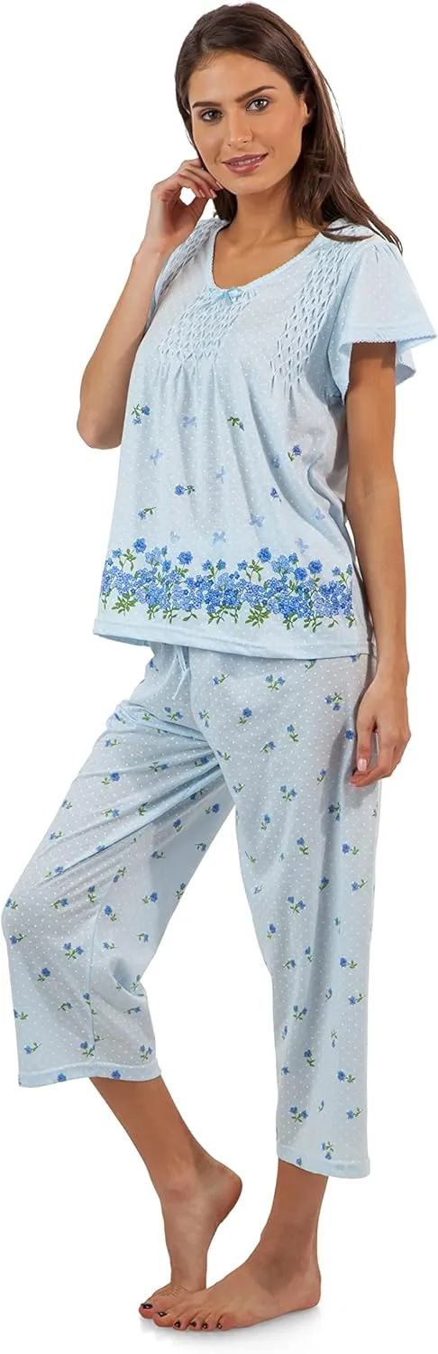 Casual Nights Women's Short Sleeve Top with Capri Pants Pjs Floral Border Capri Pajama Set