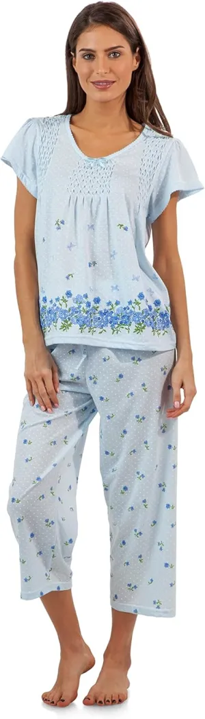 Casual Nights Women's Short Sleeve Top with Capri Pants Pjs Floral Border Capri Pajama Set