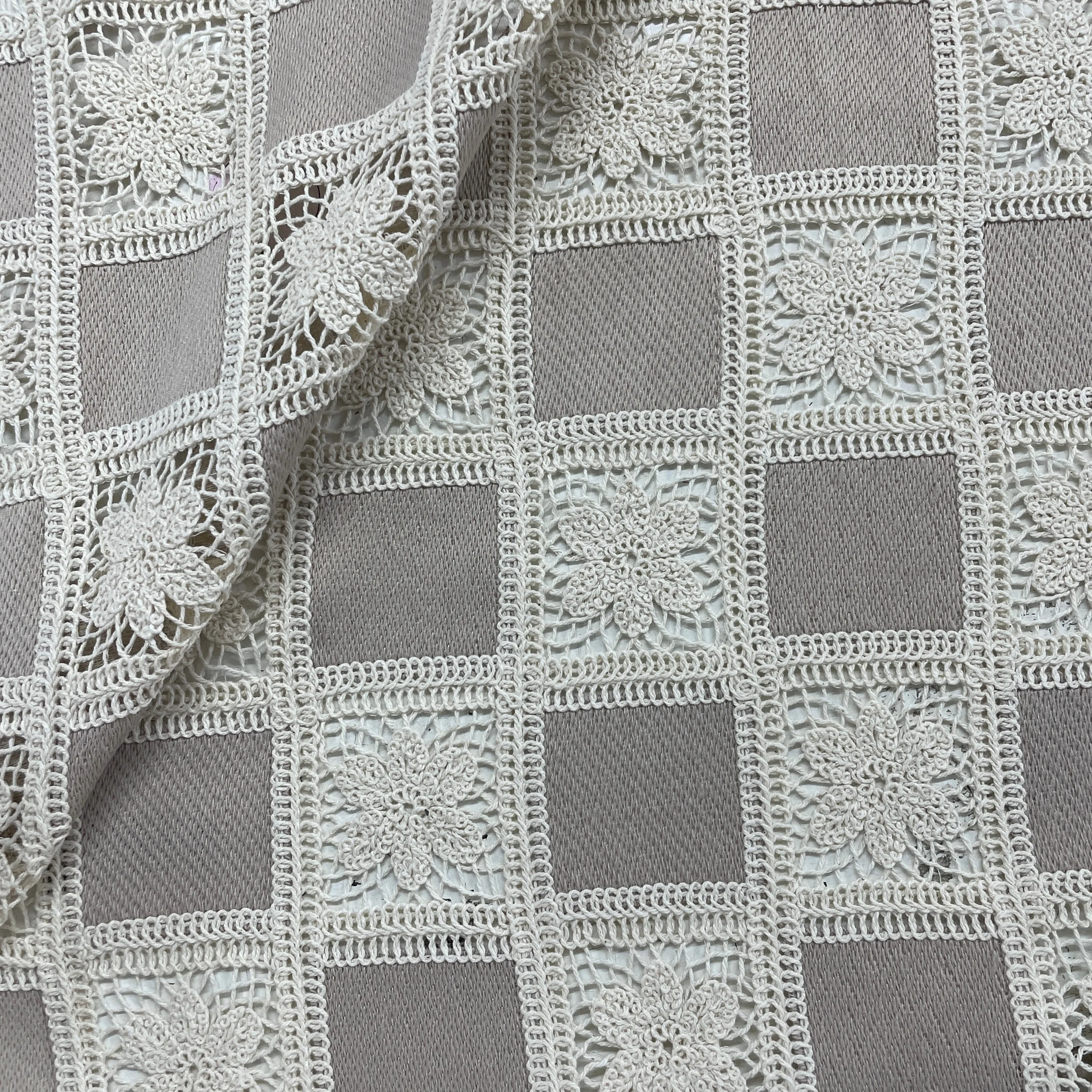 Exclusive Creame Sequins Floral Print Crepe Crochet Fabric