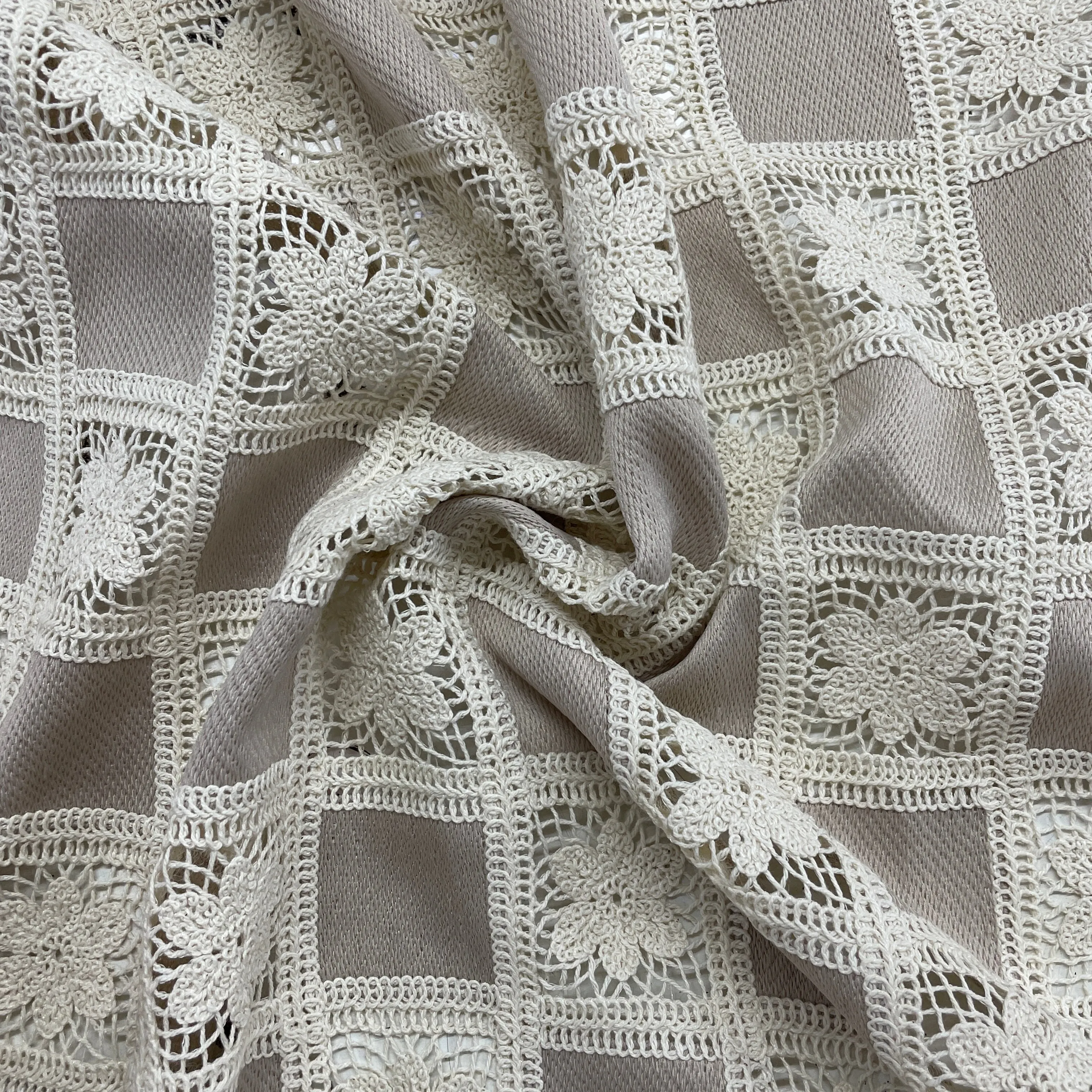 Exclusive Creame Sequins Floral Print Crepe Crochet Fabric