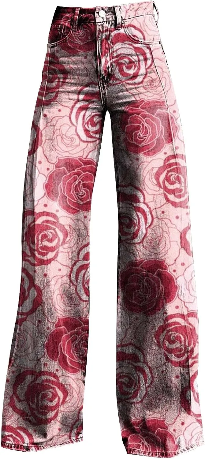 Flare Jeans for Women Flower Print Cute Trendy Wide Leg Baggy Pants High Waisted Flared Denim Trouser Vintage Jeans