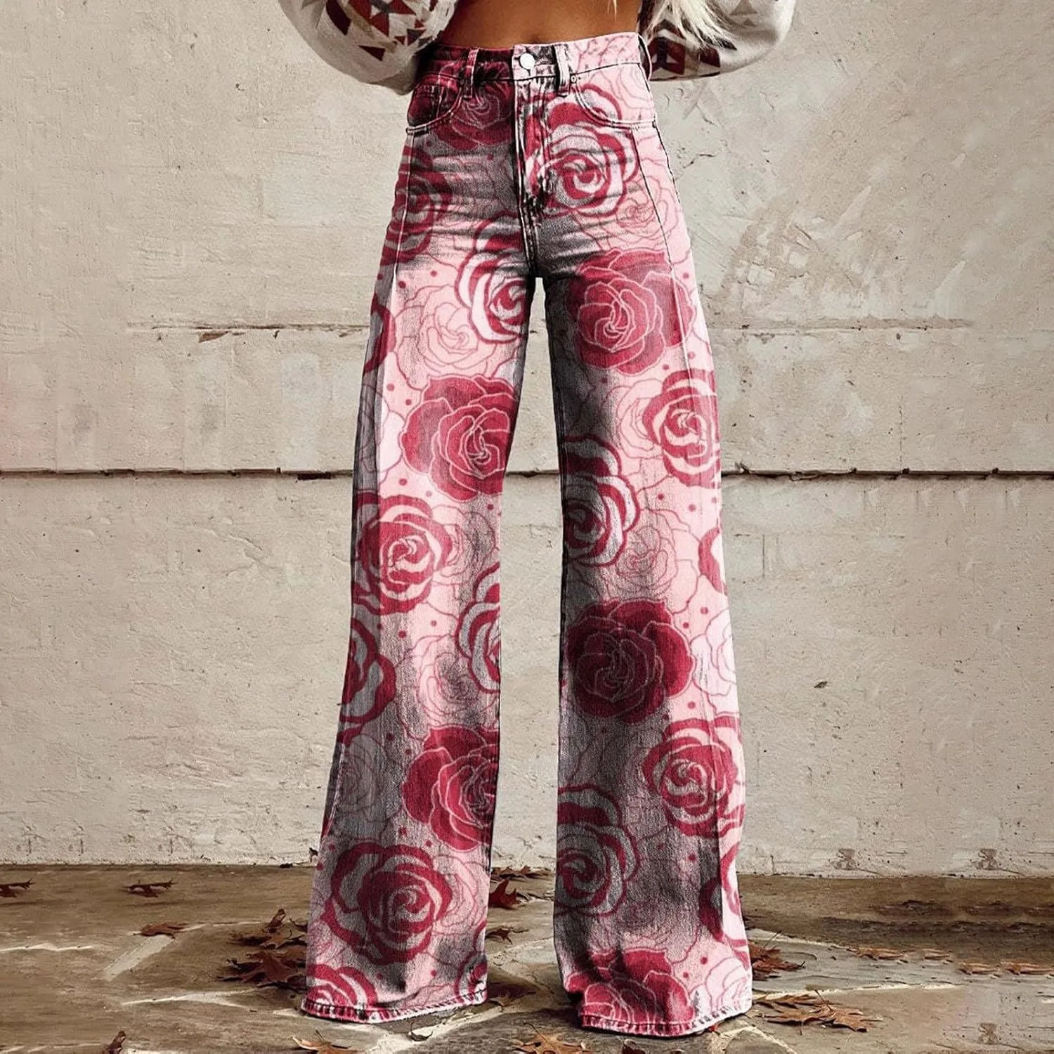 Flare Jeans for Women Flower Print Cute Trendy Wide Leg Baggy Pants High Waisted Flared Denim Trouser Vintage Jeans