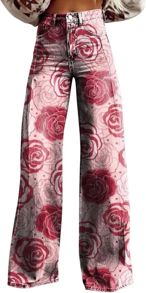 Flare Jeans for Women Flower Print Cute Trendy Wide Leg Baggy Pants High Waisted Flared Denim Trouser Vintage Jeans