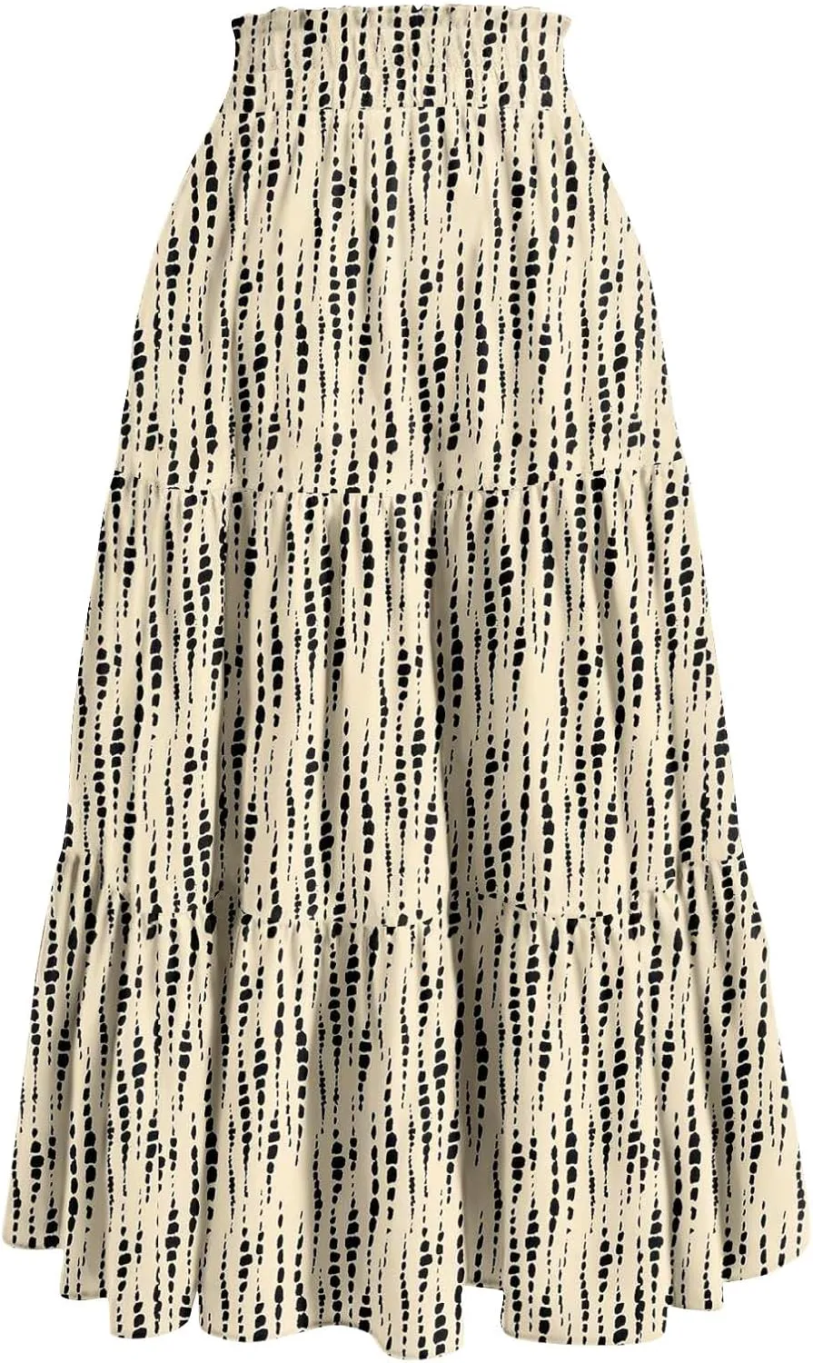 FlekmanArt Maxi Skirts for Women Trendy Summer A Line Long Skirt Drawstring High Waisted Tiered Flowy Pleated Skirt