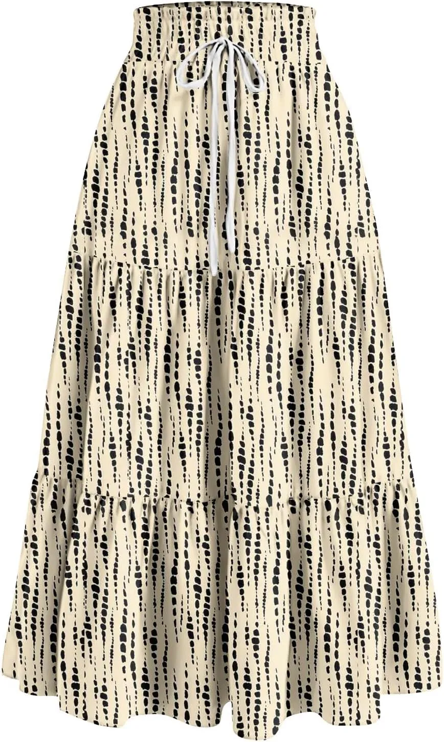 FlekmanArt Maxi Skirts for Women Trendy Summer A Line Long Skirt Drawstring High Waisted Tiered Flowy Pleated Skirt