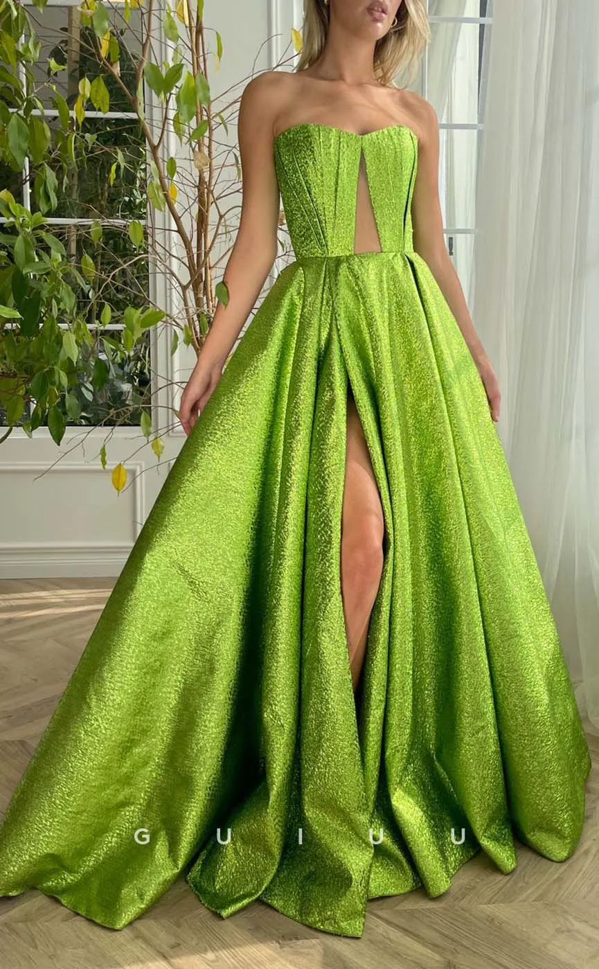 G3185 - Chic & Modern A-Line Strapless Green Long Formal Prom Dresses With Slit