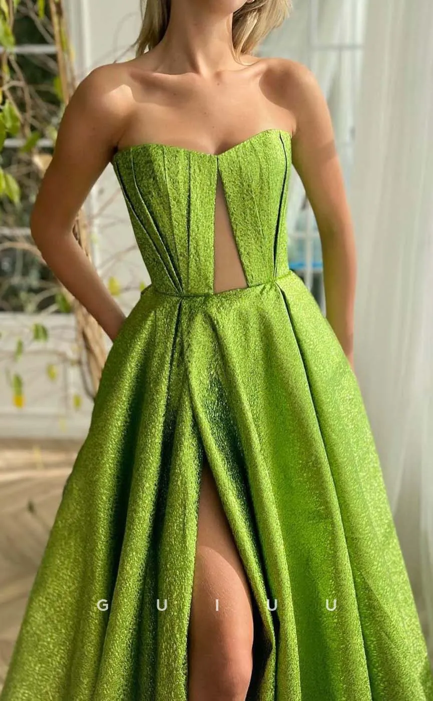 G3185 - Chic & Modern A-Line Strapless Green Long Formal Prom Dresses With Slit