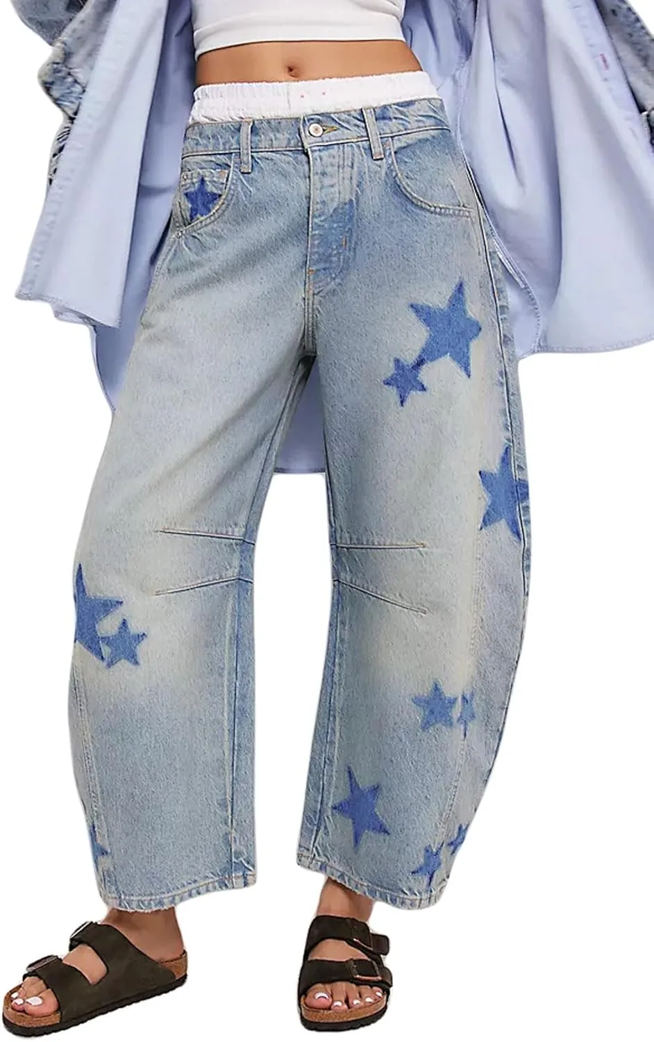 GGUHHU Distressed Barrel Jeans for Women Y2K Wide Leg Baggy Denim Pants Boyfriend Floral Trousers