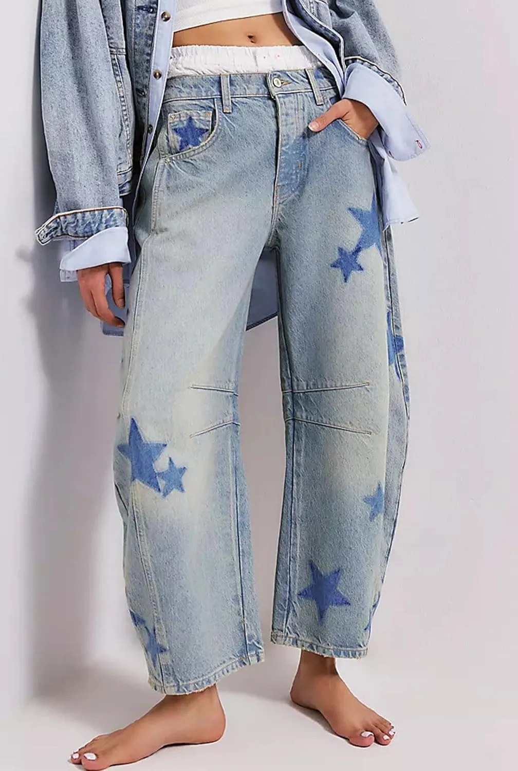 GGUHHU Distressed Barrel Jeans for Women Y2K Wide Leg Baggy Denim Pants Boyfriend Floral Trousers