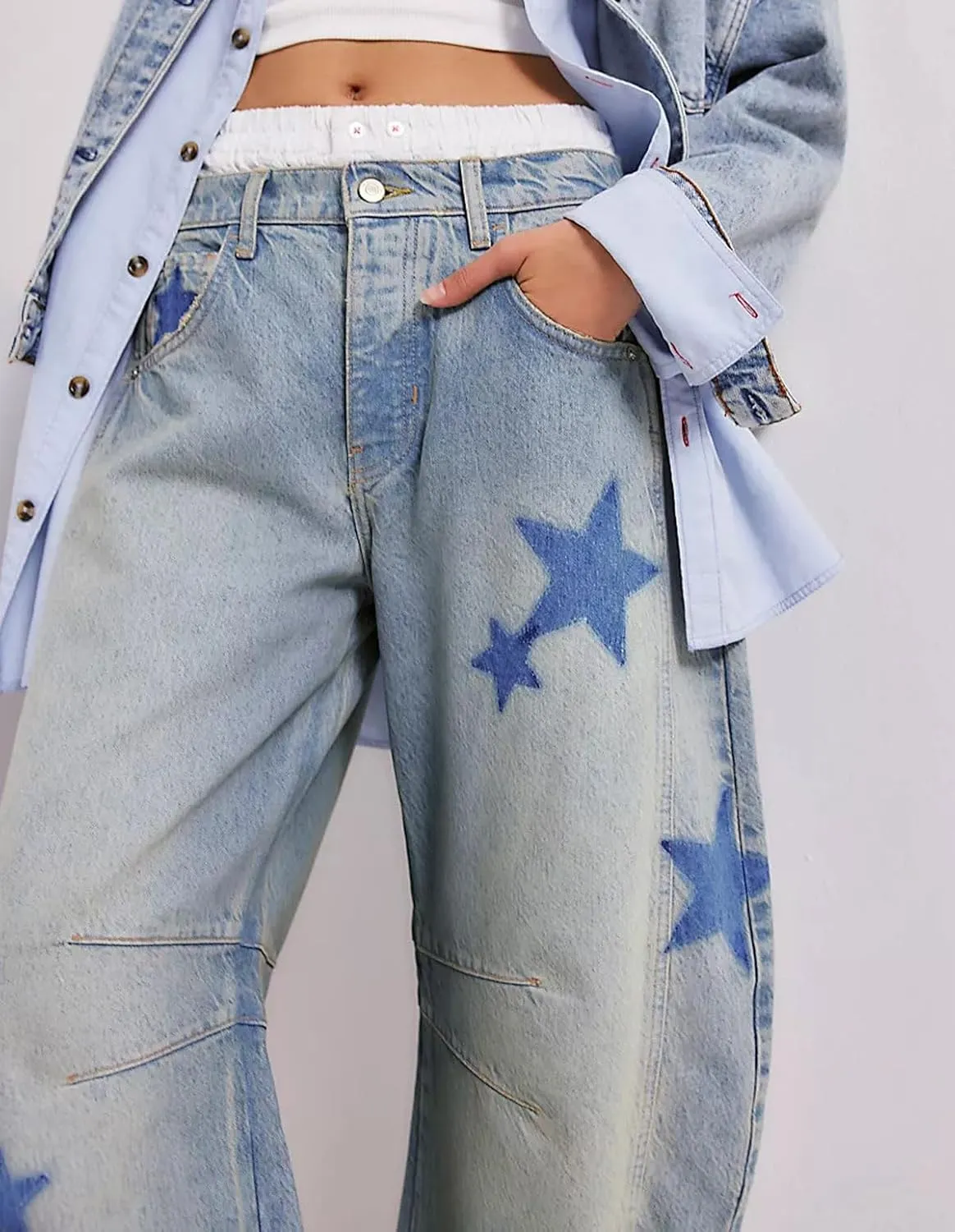 GGUHHU Distressed Barrel Jeans for Women Y2K Wide Leg Baggy Denim Pants Boyfriend Floral Trousers