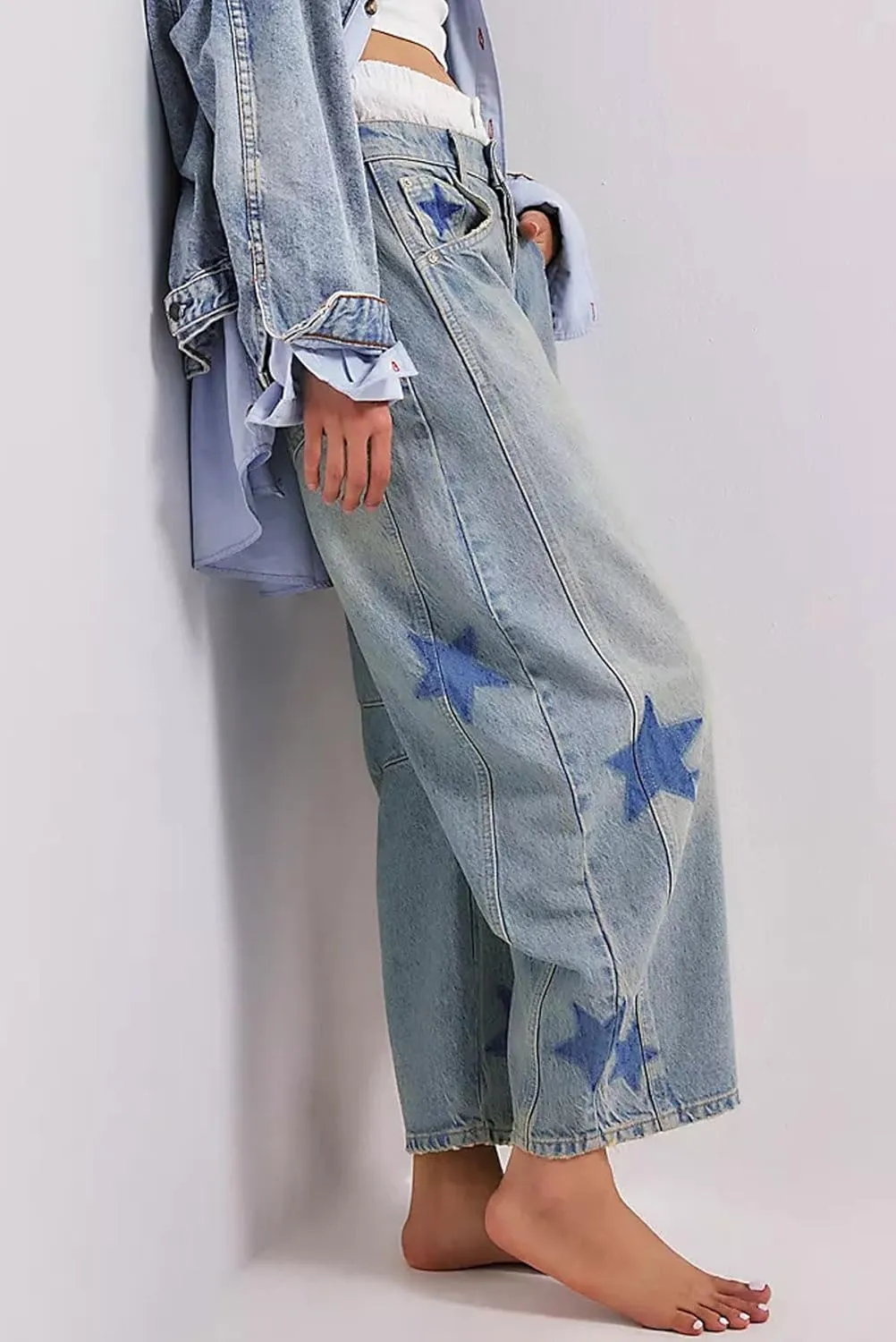GGUHHU Distressed Barrel Jeans for Women Y2K Wide Leg Baggy Denim Pants Boyfriend Floral Trousers