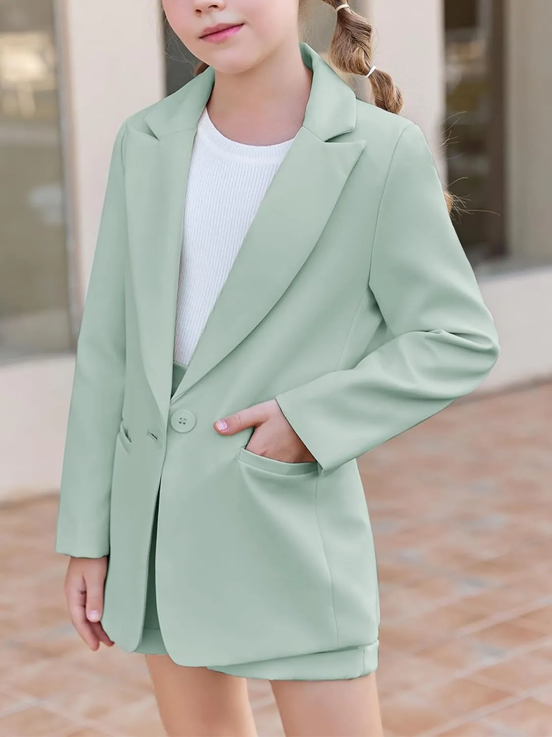 Girls 2 Piece Outfits Button Front Long Sleeve Blazer and Short Pants Suit Sets 4-14 Years