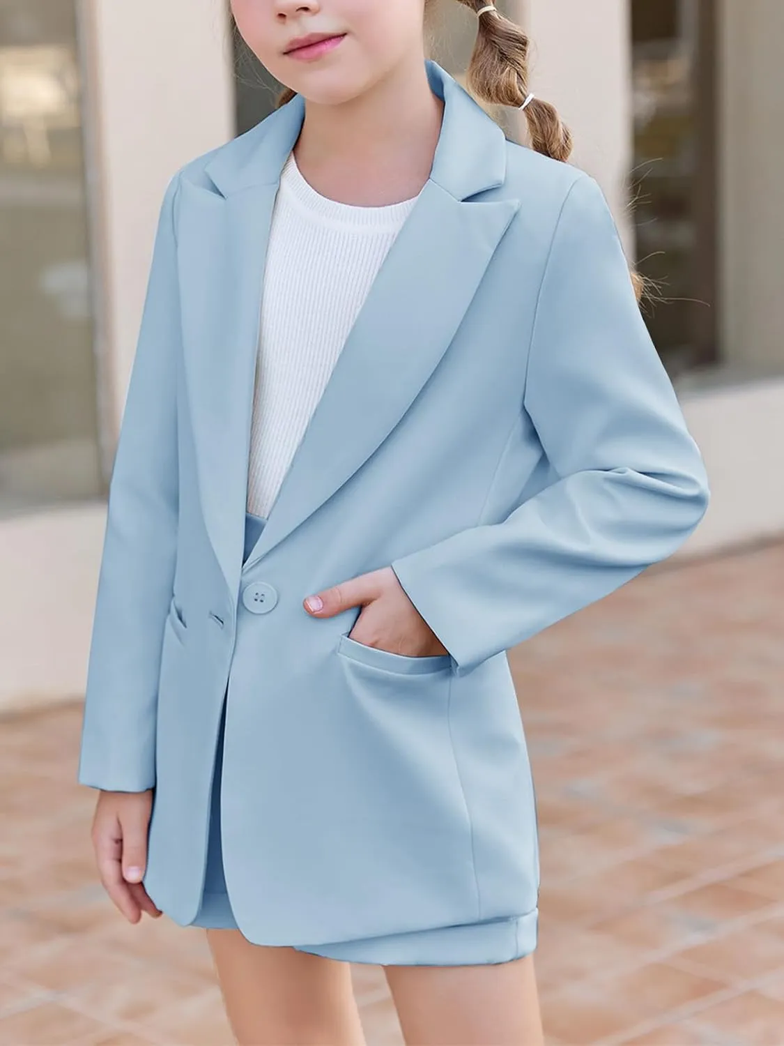 Girls 2 Piece Outfits Button Front Long Sleeve Blazer and Short Pants Suit Sets 4-14 Years
