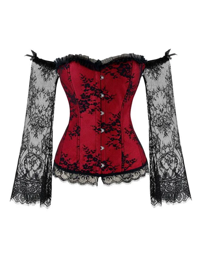 Gothic Victorian Overbust Bustier Corset with Long Lace Floral Sleeves