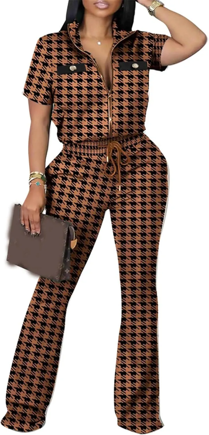 Hotheart Womens Sexy 2 Pieces Houndstooth Print Blazer Pants Suit Set Nightclub Tracksuit Outfit Set