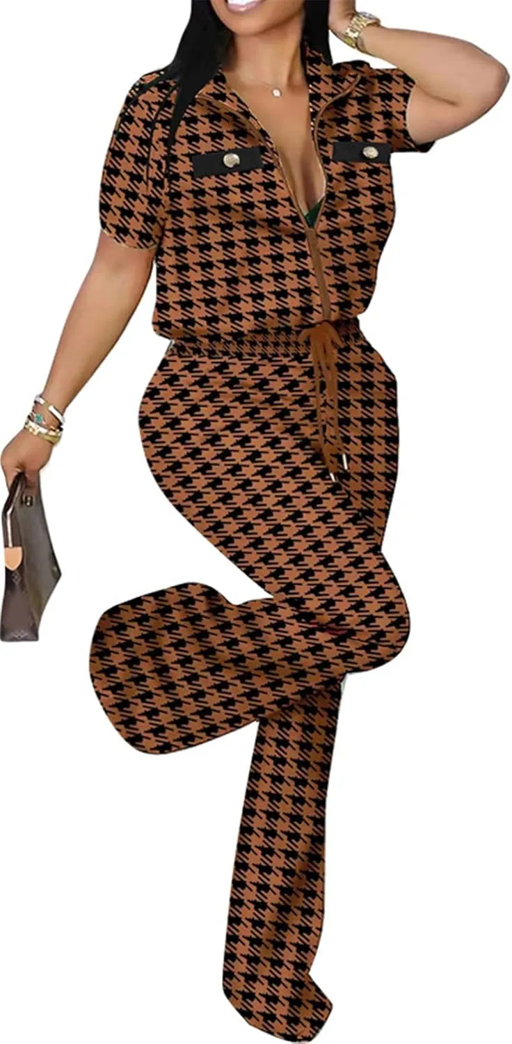 Hotheart Womens Sexy 2 Pieces Houndstooth Print Blazer Pants Suit Set Nightclub Tracksuit Outfit Set