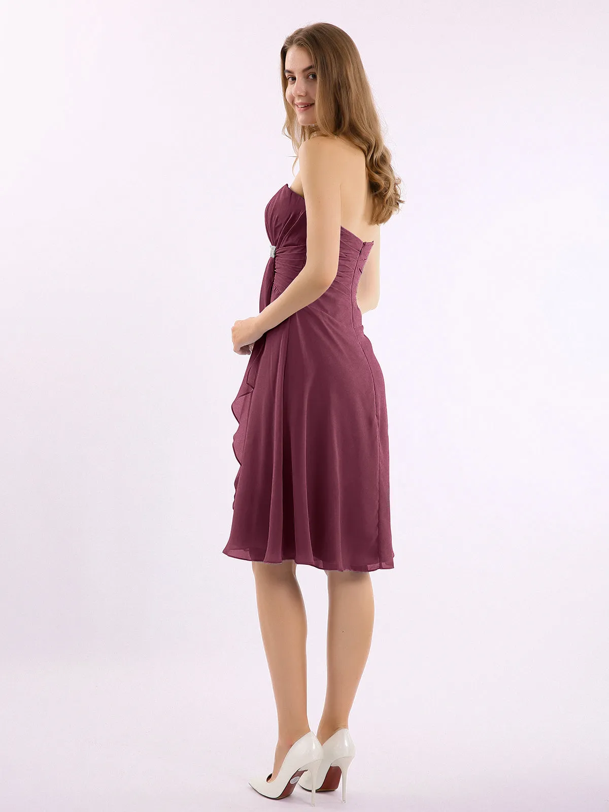 Knee Length Chiffon Dress with Sweetheart Neck-Mulberry