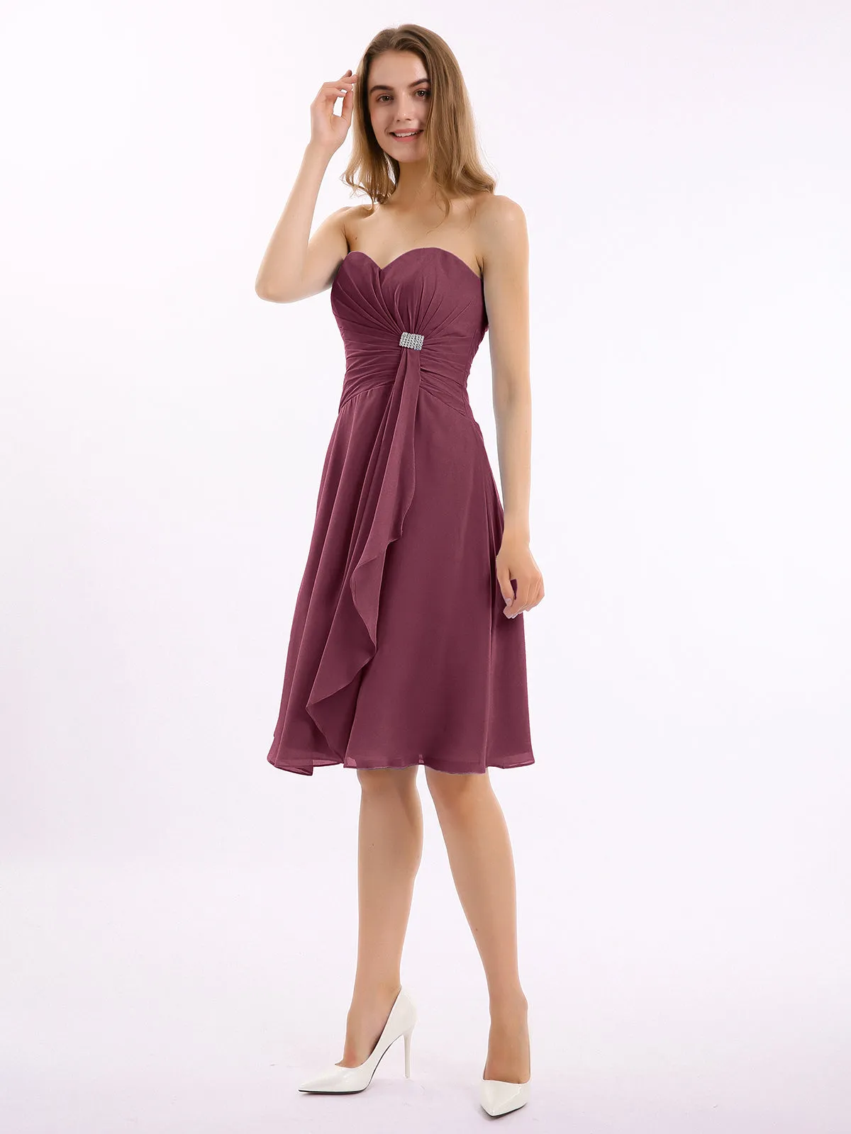 Knee Length Chiffon Dress with Sweetheart Neck-Mulberry