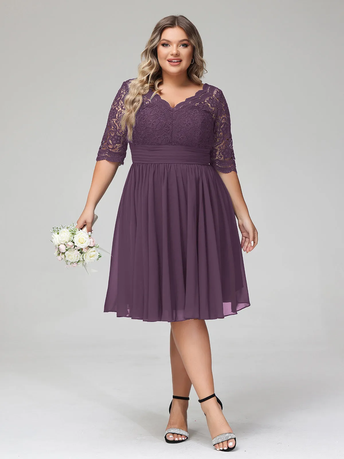 Lace and Chiffon Short Dress with Half Sleeves Plum