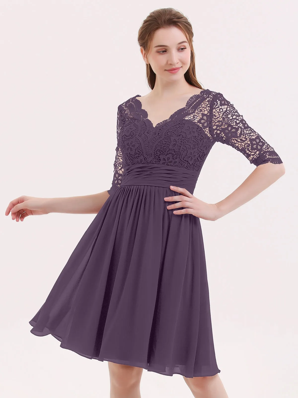 Lace and Chiffon Short Dress with Half Sleeves Plum