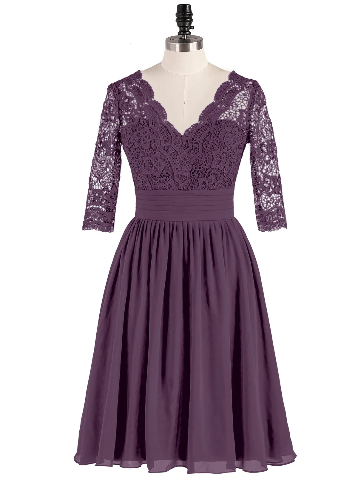Lace and Chiffon Short Dress with Half Sleeves Plum