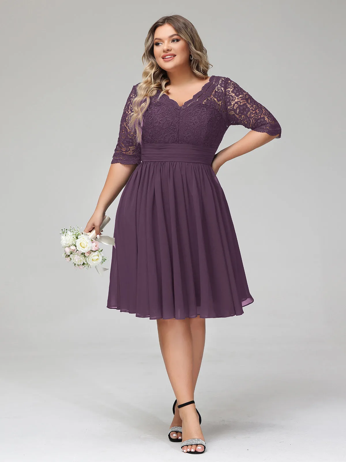 Lace and Chiffon Short Dress with Half Sleeves Plum