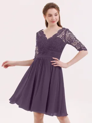 Lace and Chiffon Short Dress with Half Sleeves Plum