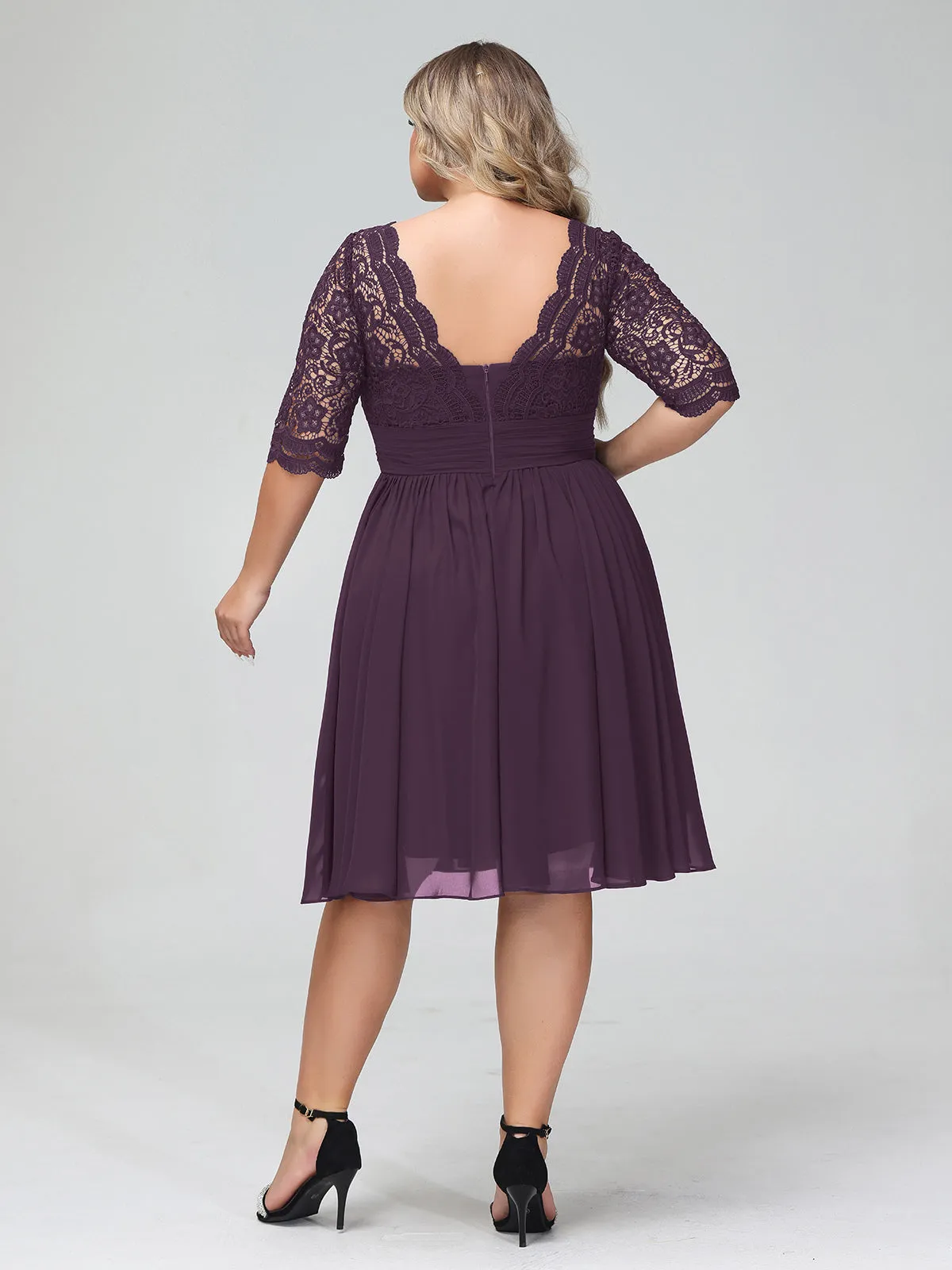 Lace and Chiffon Short Dress with Half Sleeves Plum