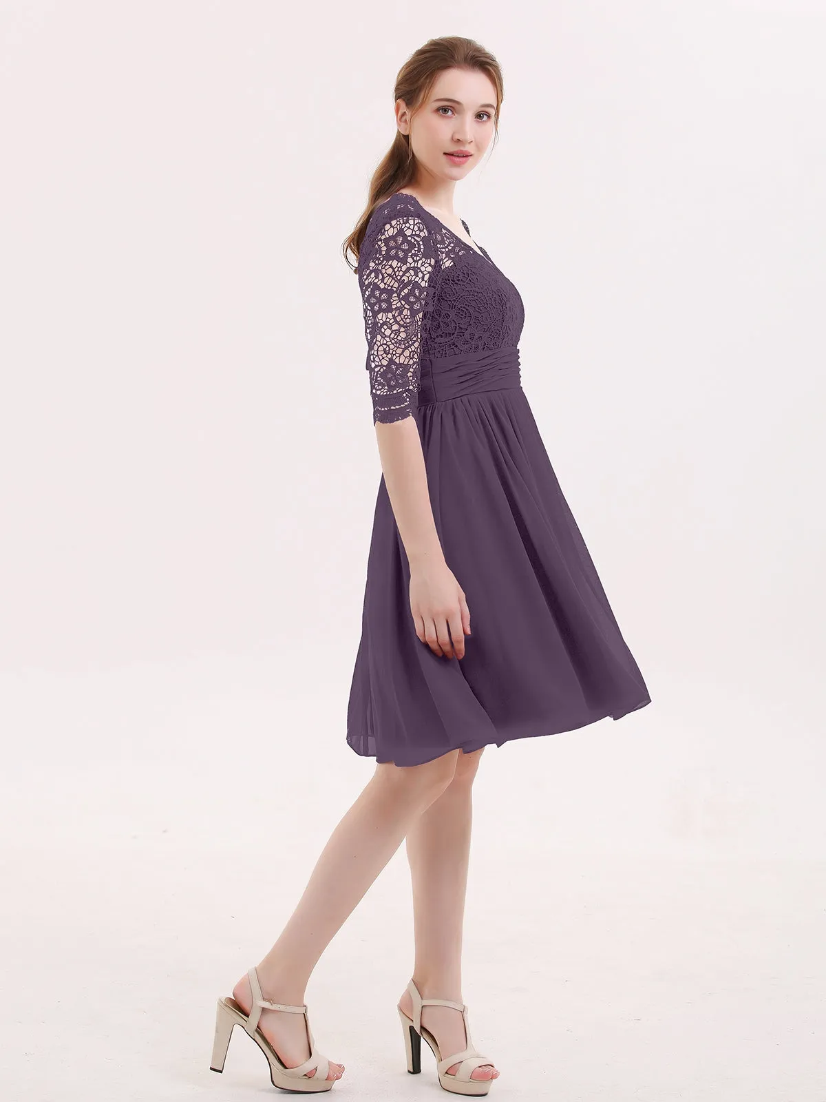 Lace and Chiffon Short Dress with Half Sleeves Plum