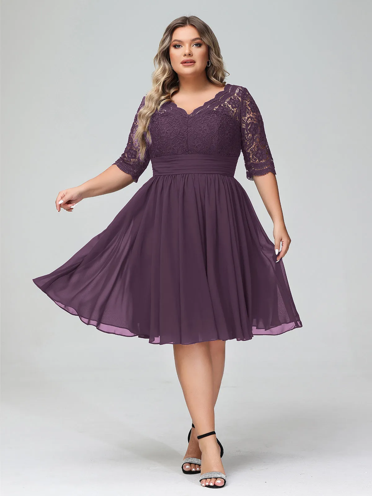 Lace and Chiffon Short Dress with Half Sleeves Plum
