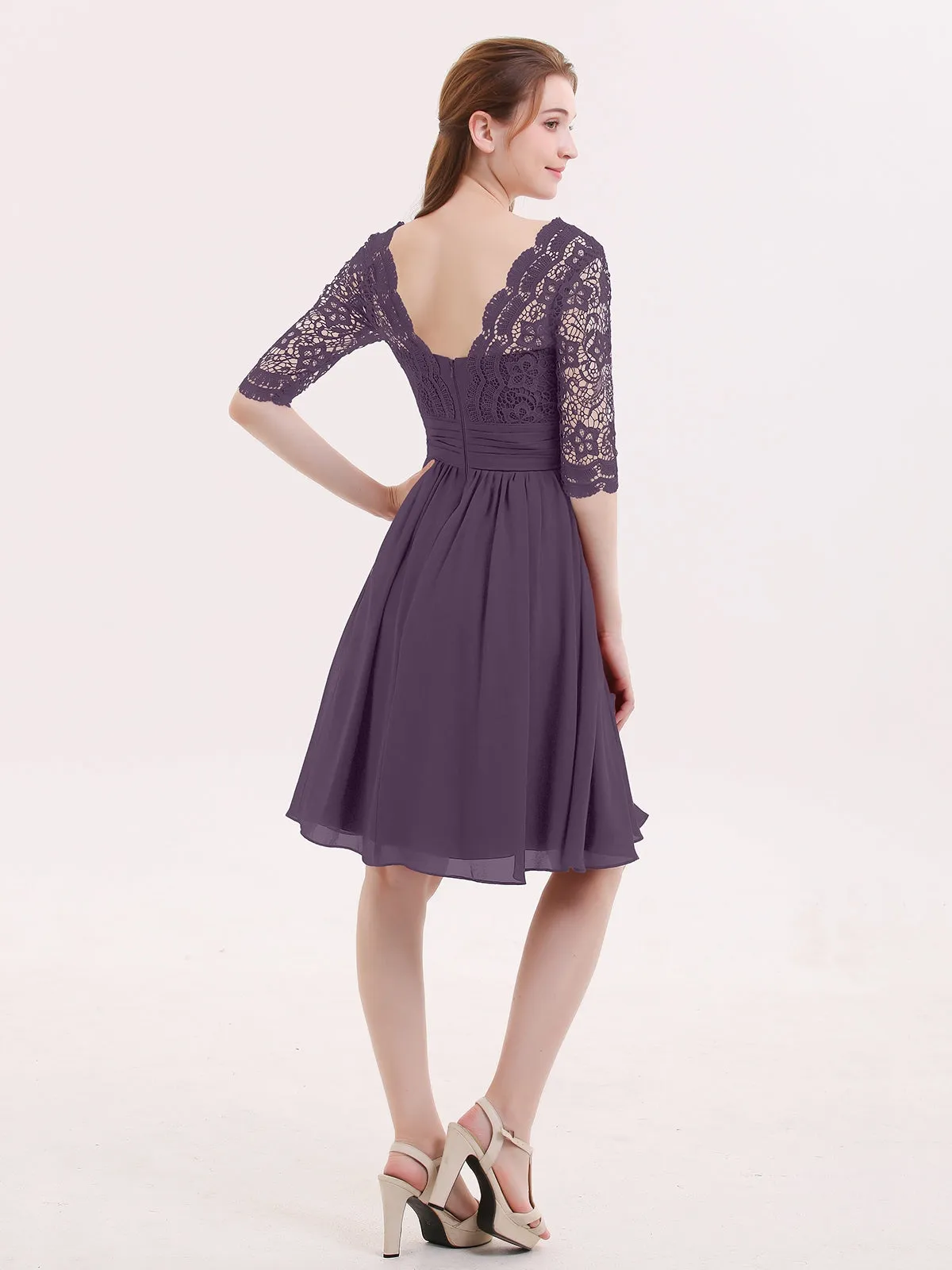 Lace and Chiffon Short Dress with Half Sleeves Plum