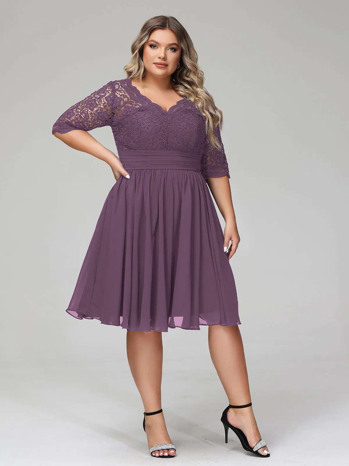 Lace and Chiffon Short Dress with Half Sleeves Plum